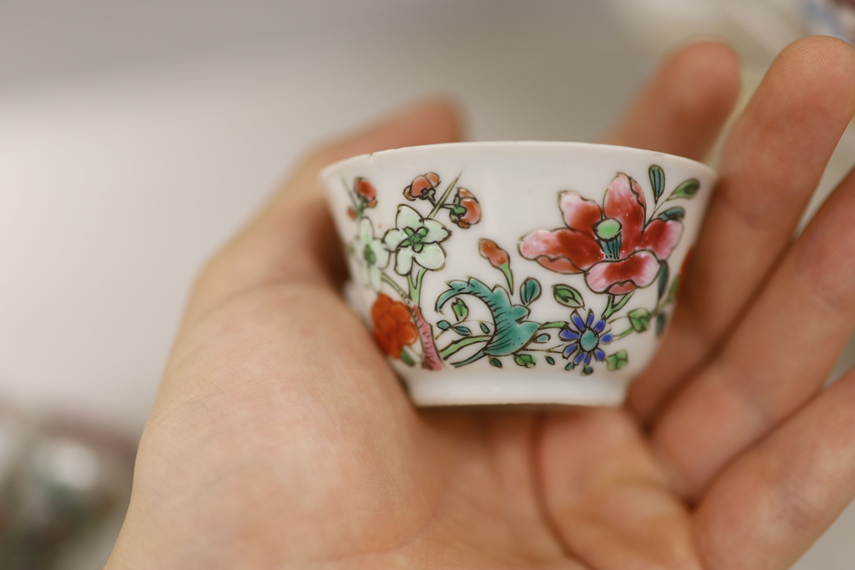 Three 18th century Chinese famille rose or Imari tea bowls together with five saucers